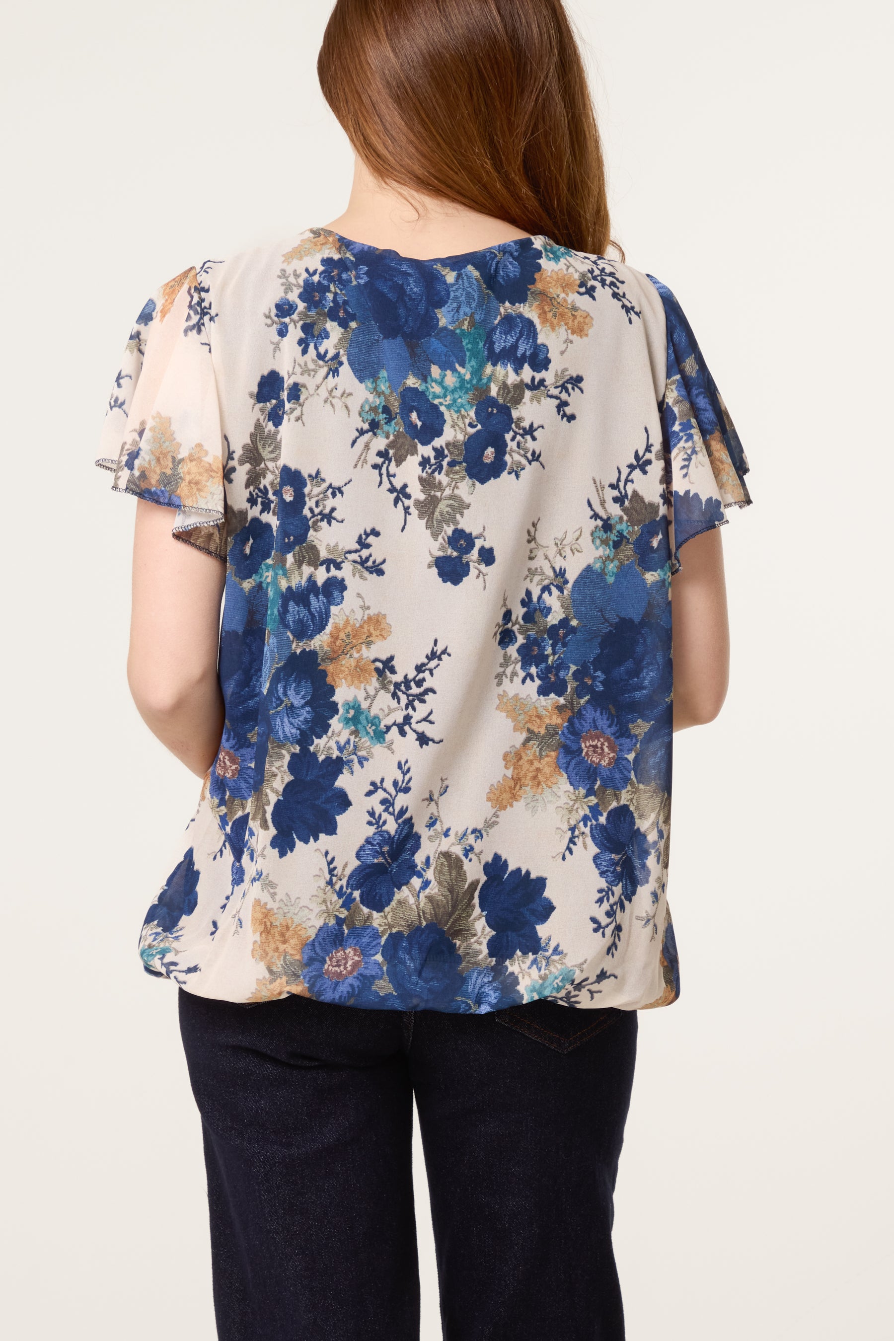 Floral Bubble Hem Frill Sleeve Top