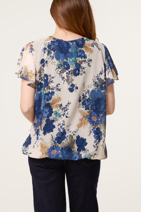 Floral Bubble Hem Frill Sleeve Top