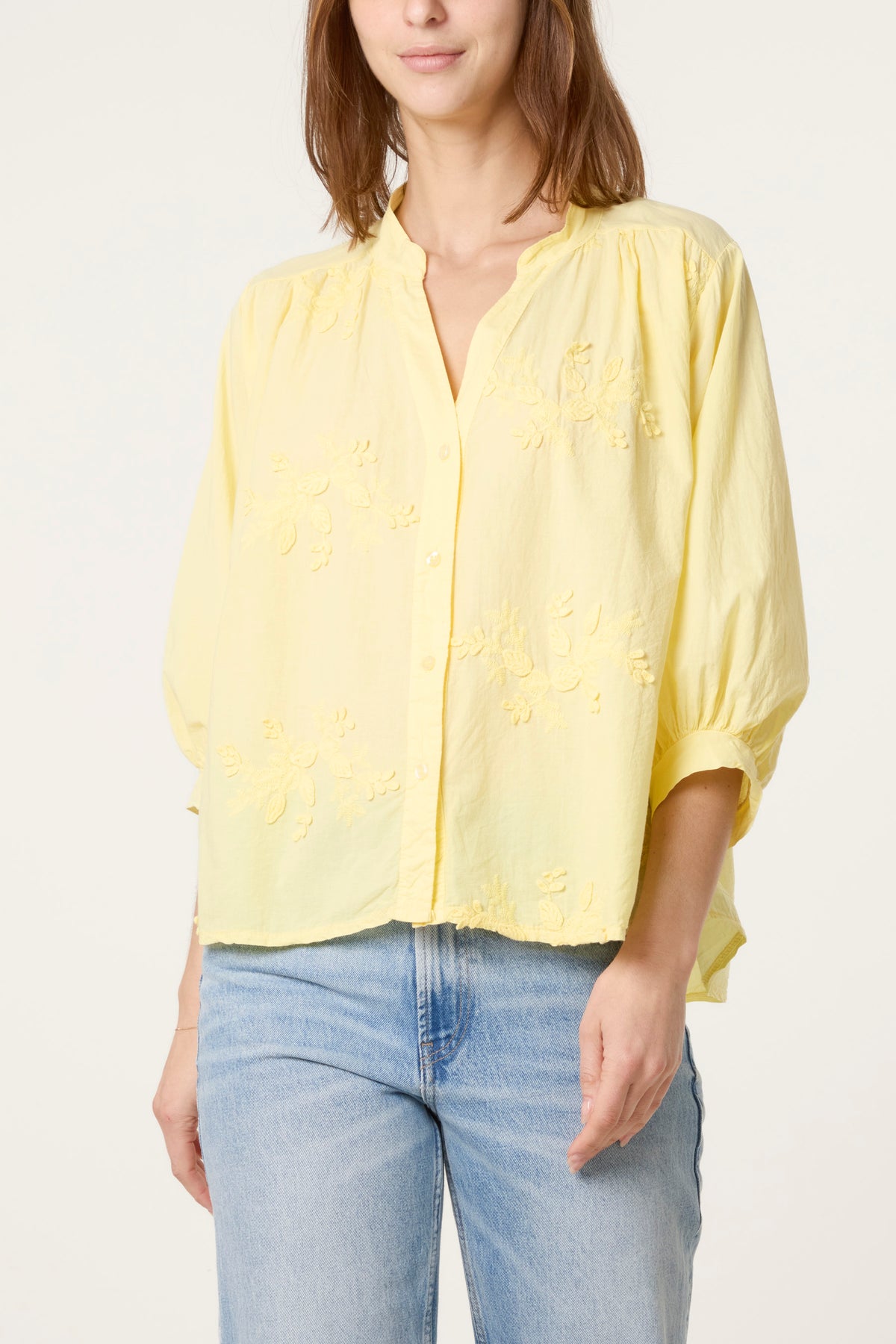 Embroidered 3D Leaves Cotton Shirt