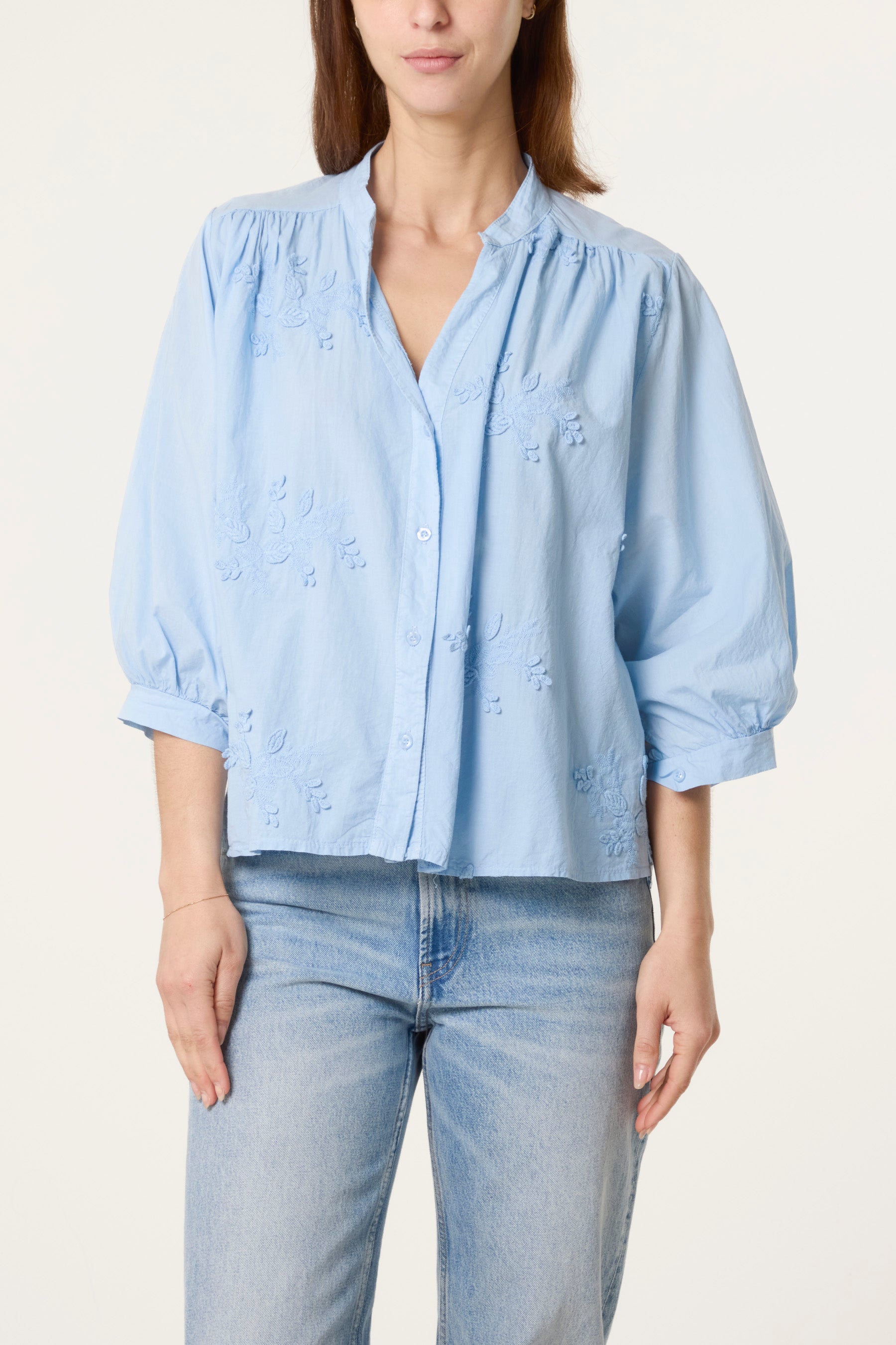 Embroidered 3D Leaves Cotton Shirt