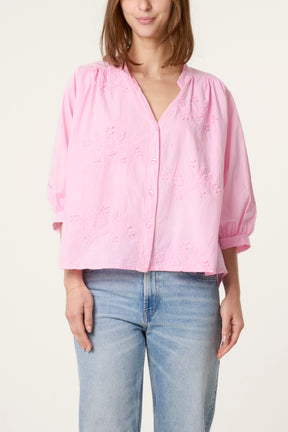 Embroidered 3D Leaves Cotton Shirt