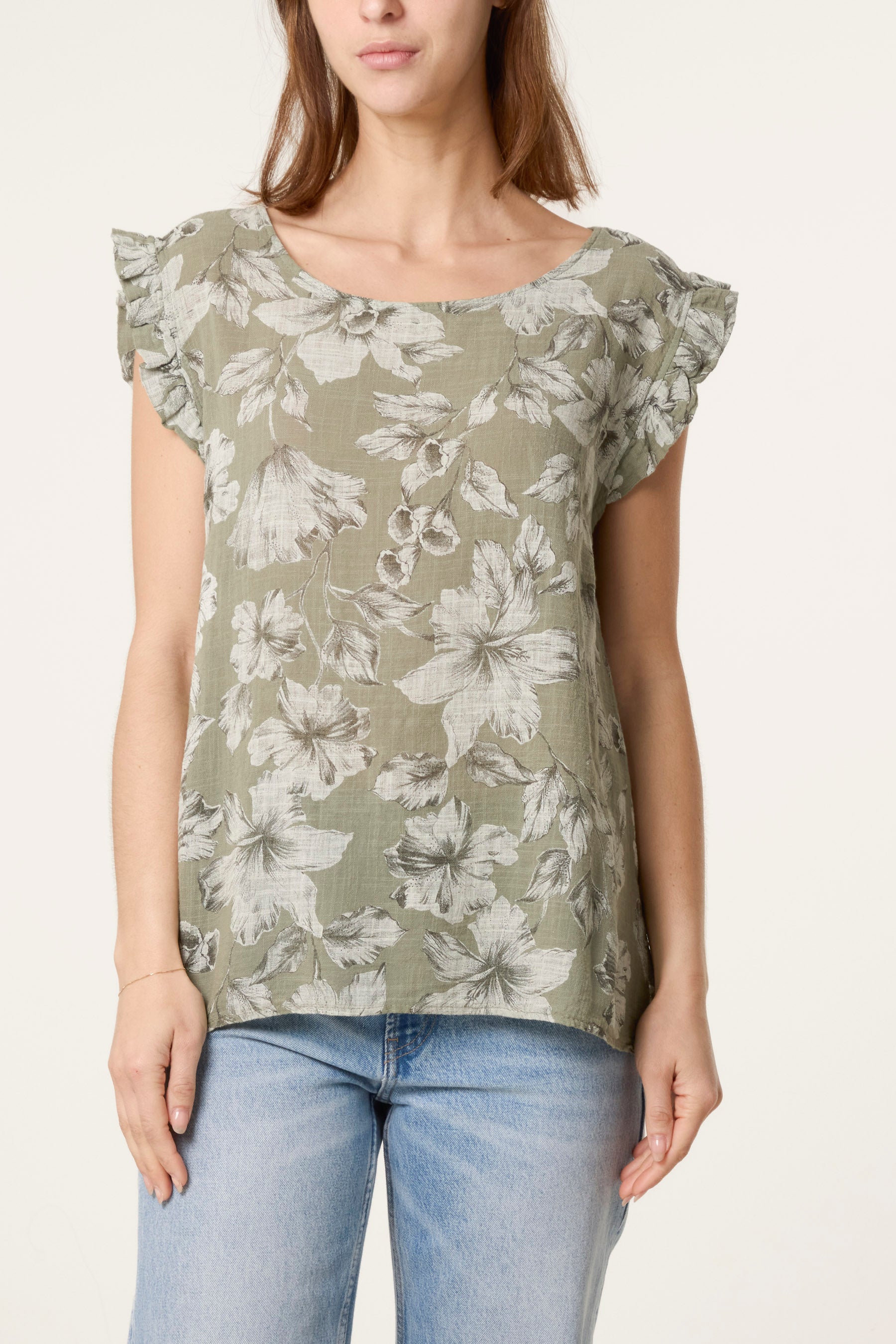 Floral Frill Sleeve Cotton Top