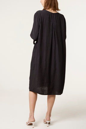 Crinkle Fabric 3/4 Sleeve Midi Dress