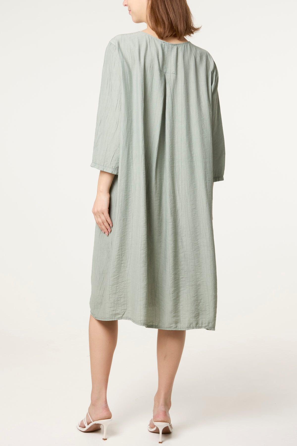 Crinkle Fabric 3/4 Sleeve Midi Dress