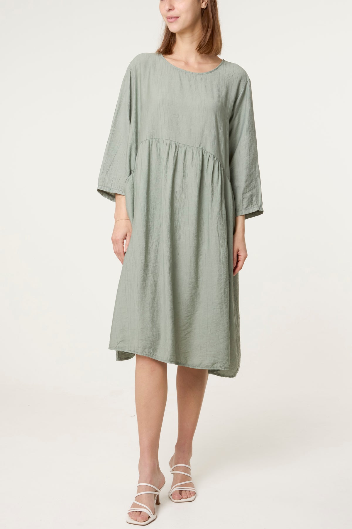 Crinkle Fabric 3/4 Sleeve Midi Dress