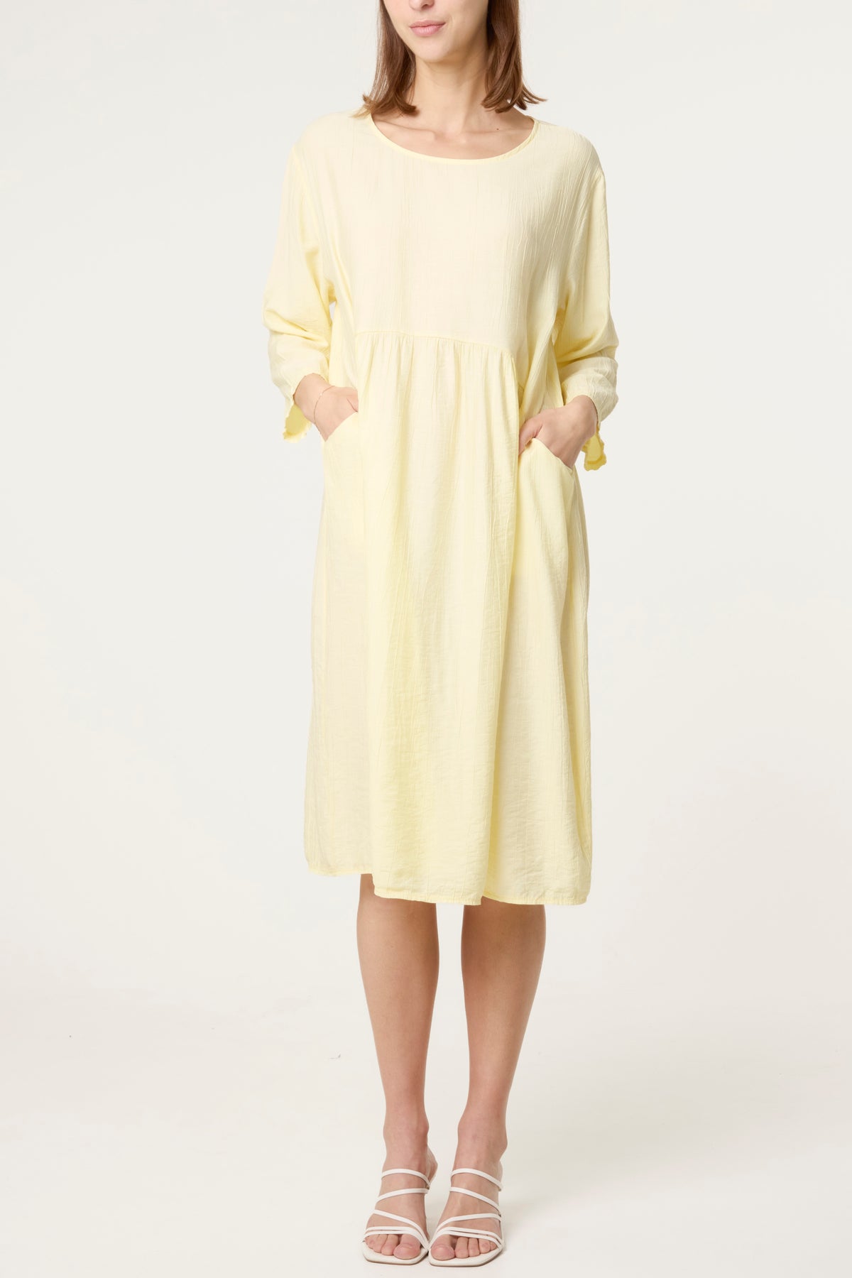 Crinkle Fabric 3/4 Sleeve Midi Dress