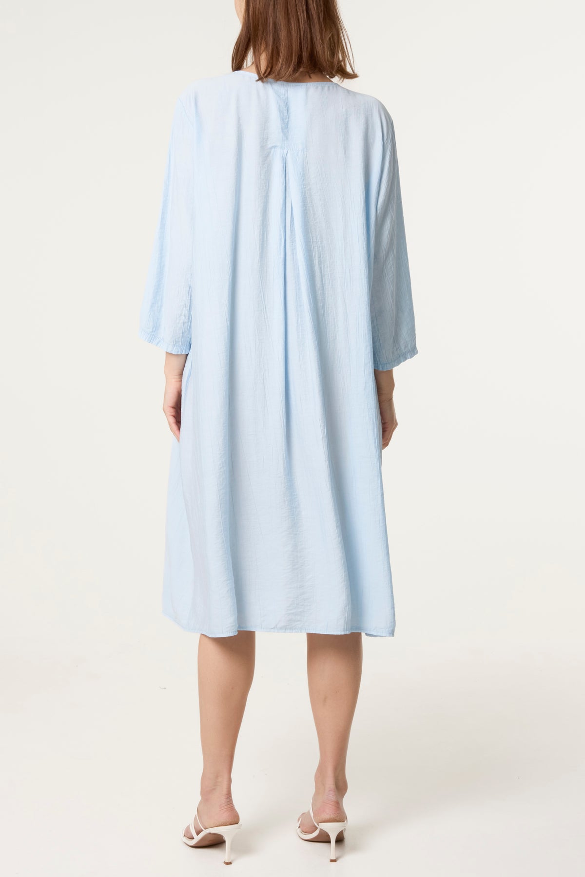 Crinkle Fabric 3/4 Sleeve Midi Dress