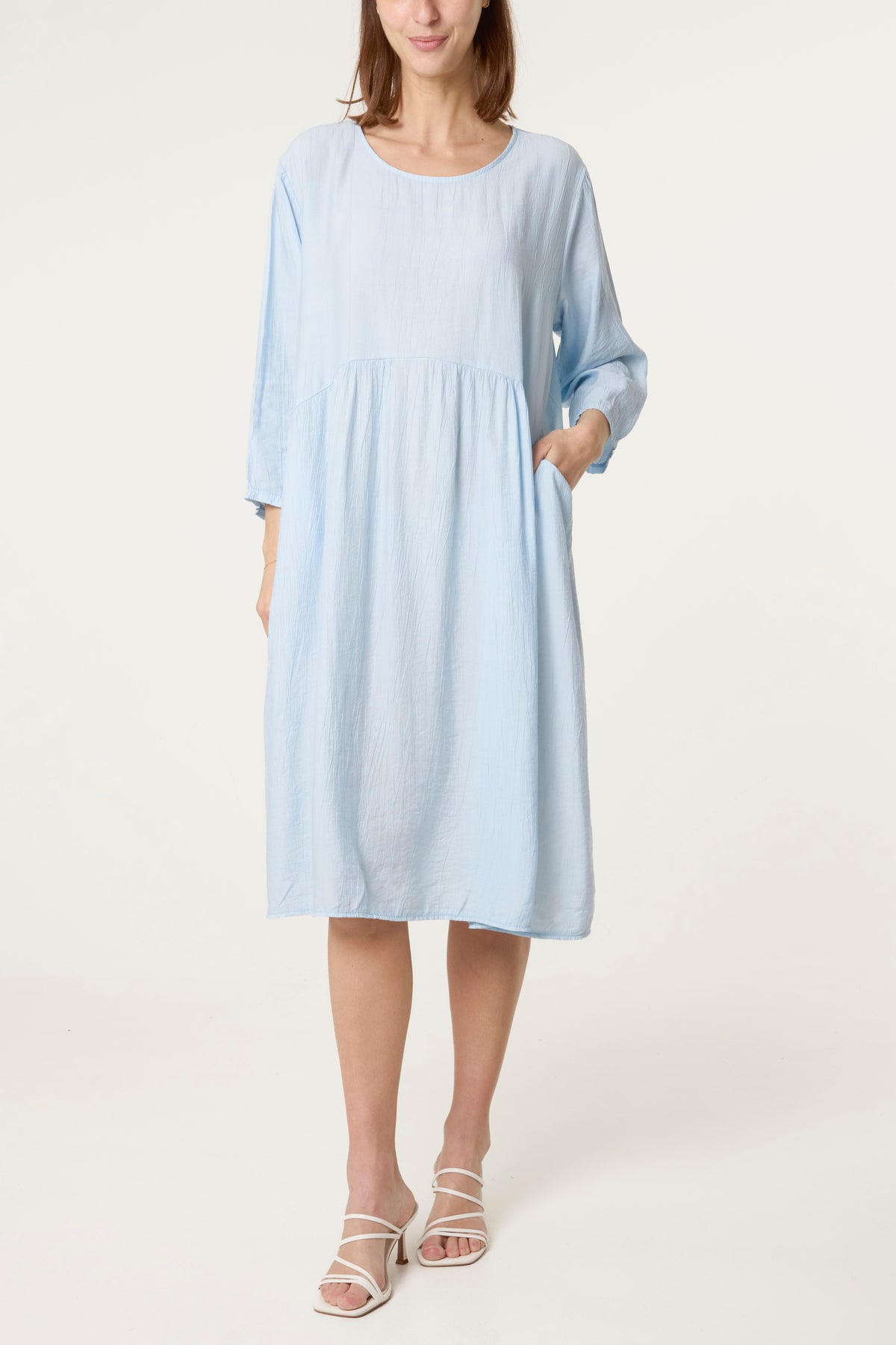 Crinkle Fabric 3/4 Sleeve Midi Dress