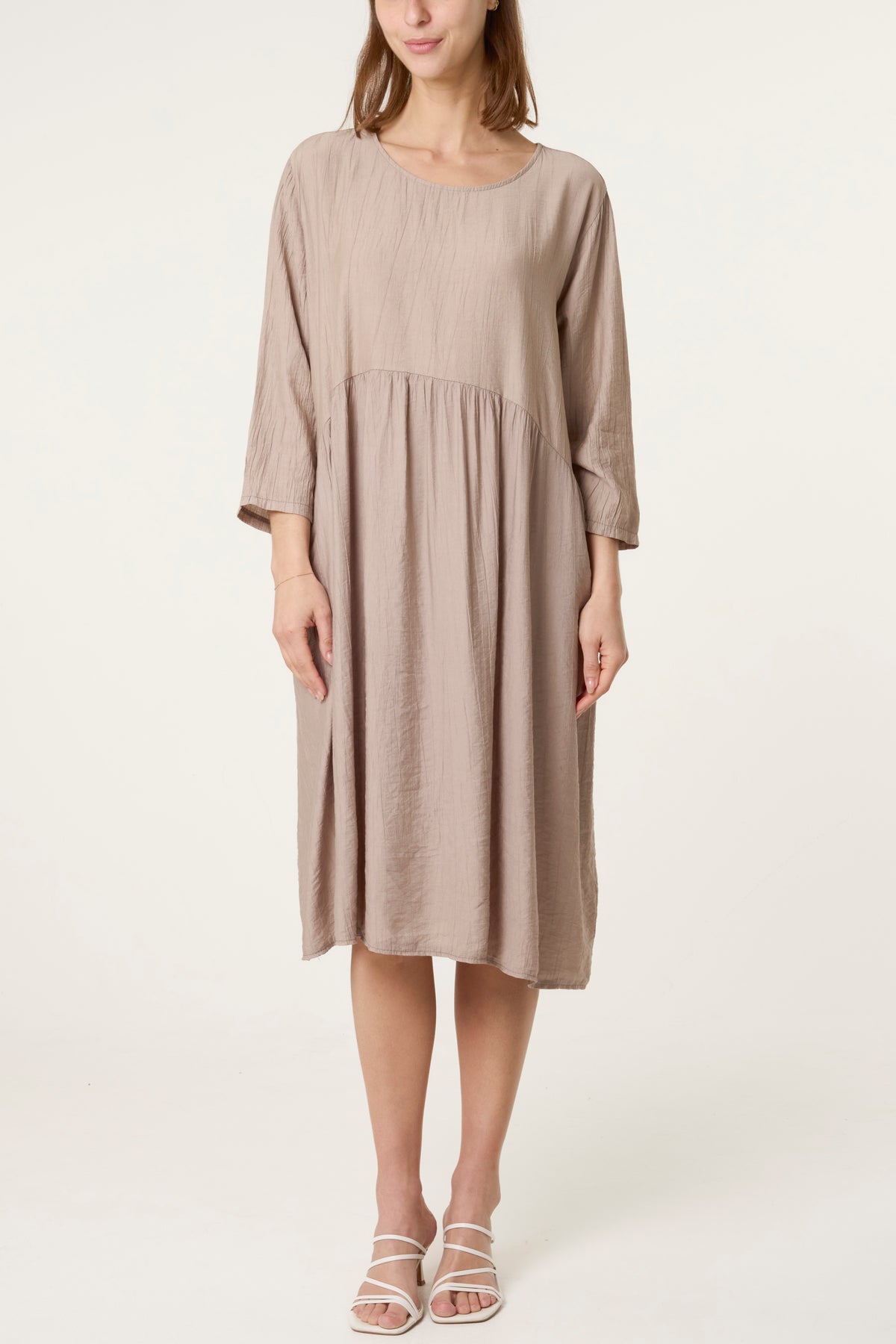 Crinkle Fabric 3/4 Sleeve Midi Dress