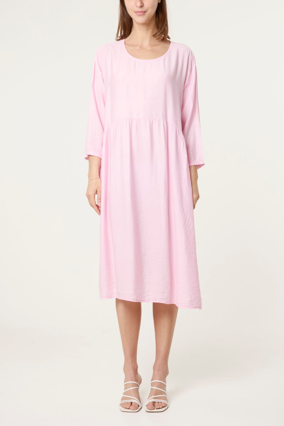 Crinkle Fabric 3/4 Sleeve Midi Dress
