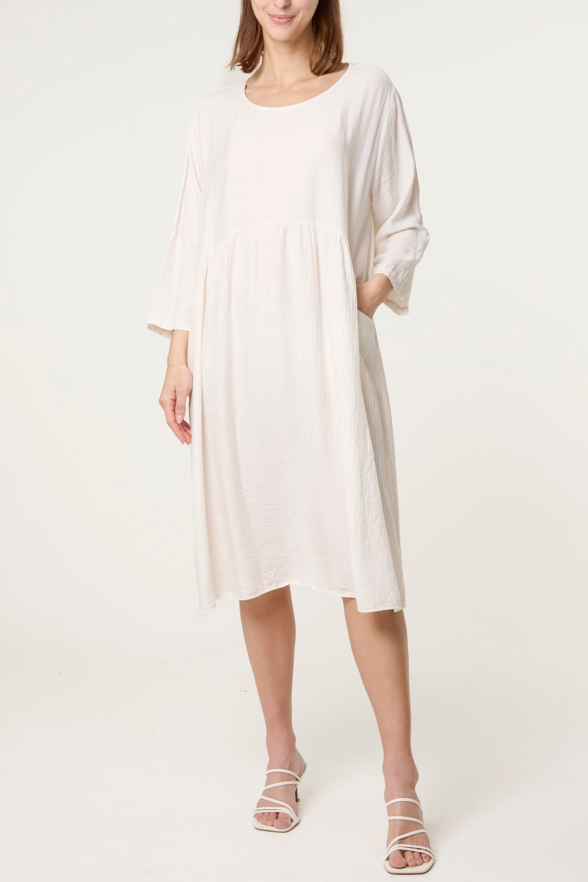 Crinkle Fabric 3/4 Sleeve Midi Dress