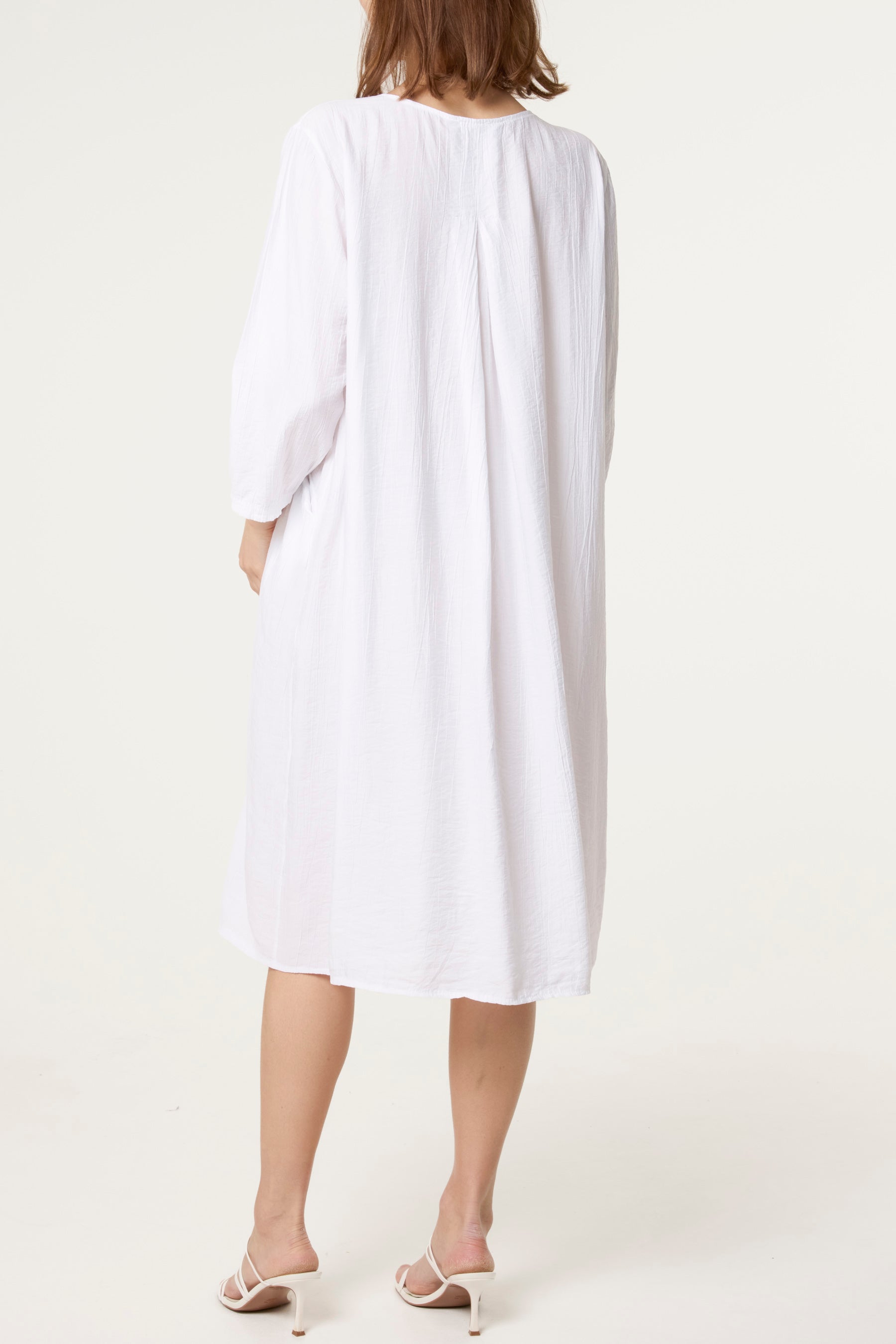 Crinkle Fabric 3/4 Sleeve Midi Dress