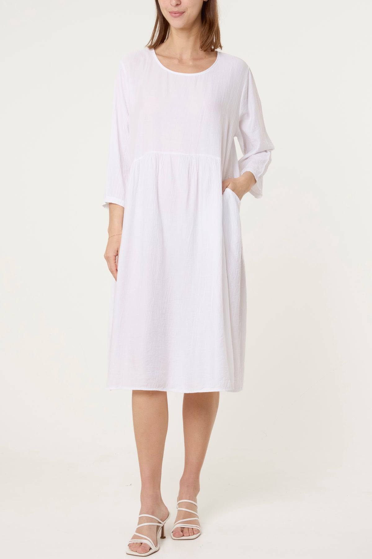 Crinkle Fabric 3/4 Sleeve Midi Dress