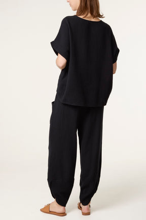 Cheesecloth Top & Barrel Leg Trousers
