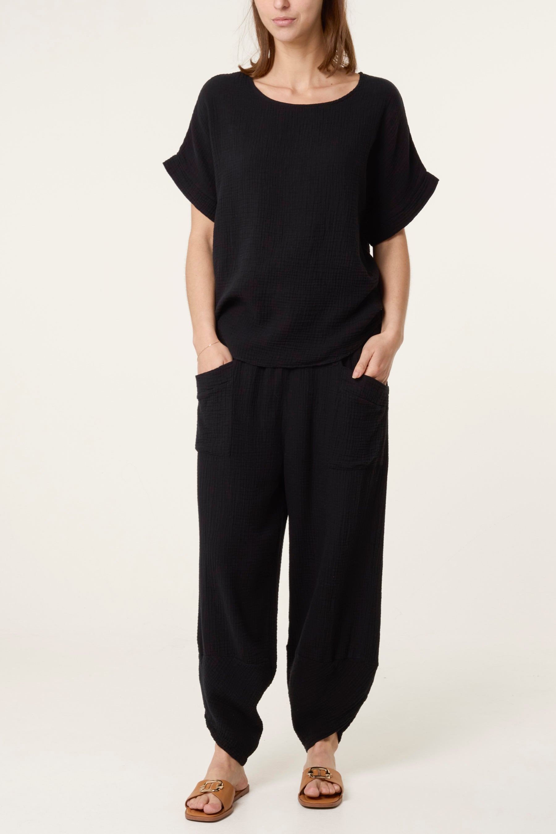 Cheesecloth Top & Barrel Leg Trousers