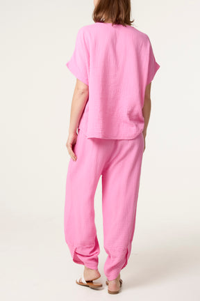Cheesecloth Top & Barrel Leg Trousers