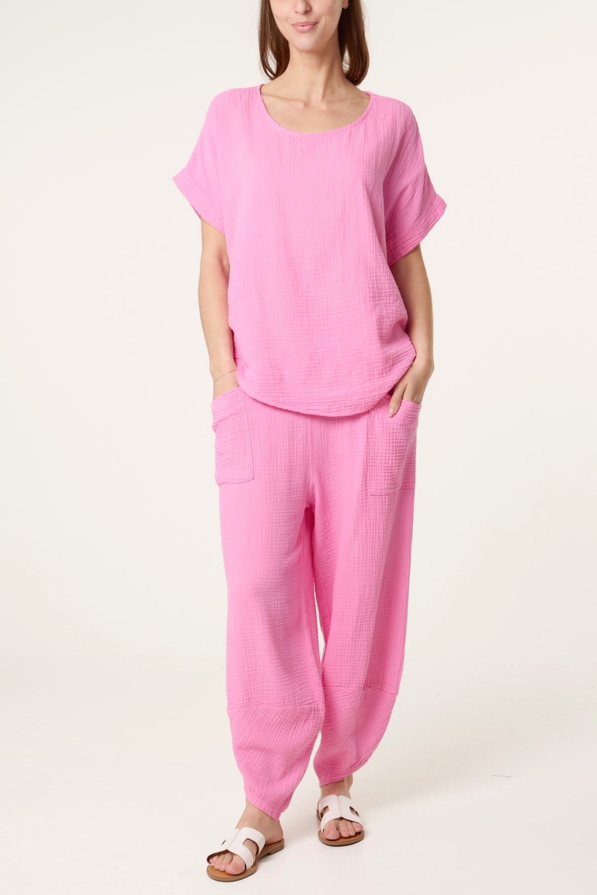 Cheesecloth Top & Barrel Leg Trousers