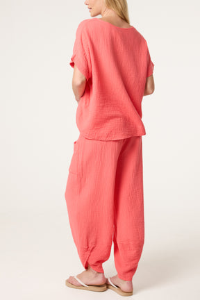 Cheesecloth Top & Barrel Leg Trousers