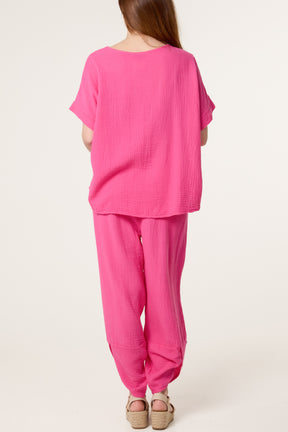Cheesecloth Top & Barrel Leg Trousers