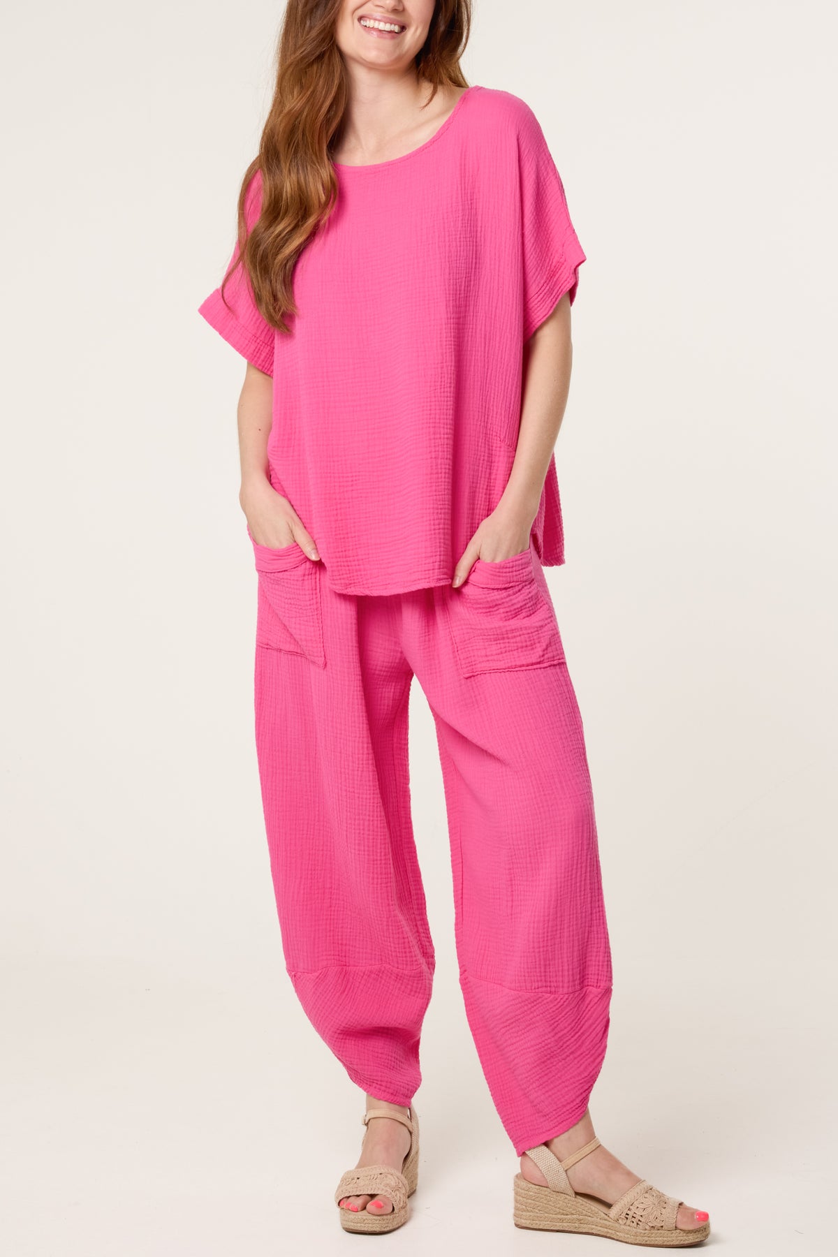 Cheesecloth Top & Barrel Leg Trousers
