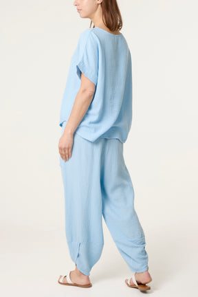 Cheesecloth Top & Barrel Leg Trousers