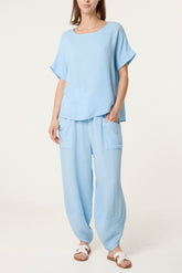 Cheesecloth Top & Barrel Leg Trousers