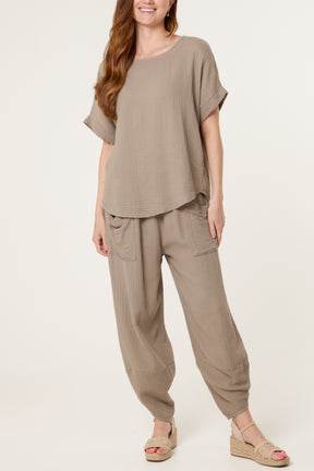 Cheesecloth Top & Barrel Leg Trousers