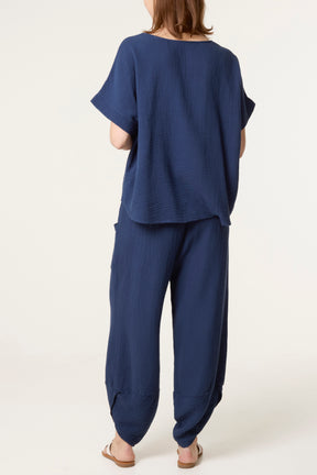 Cheesecloth Top & Barrel Leg Trousers