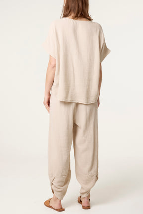 Cheesecloth Top & Barrel Leg Trousers