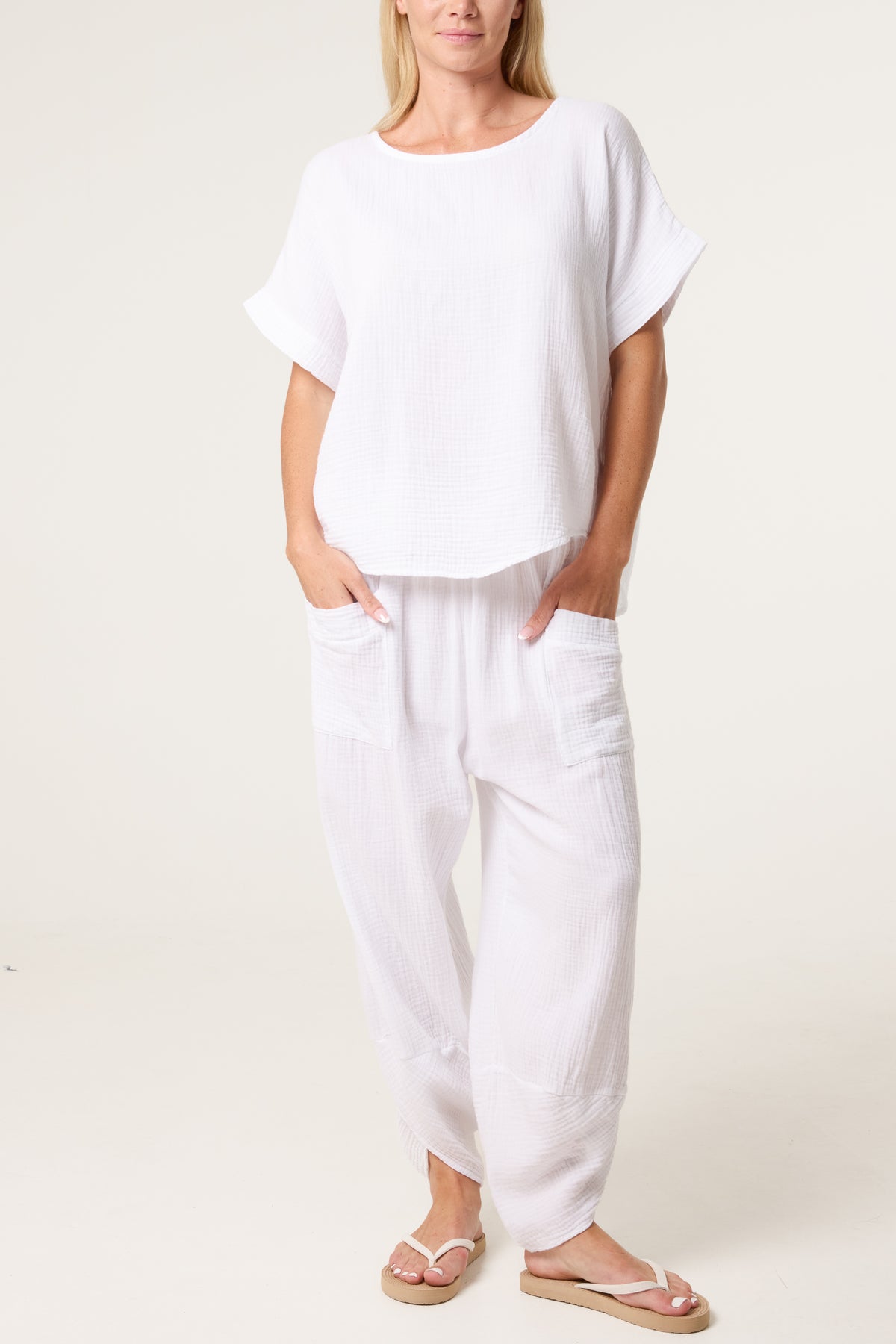 Cheesecloth Top & Barrel Leg Trousers