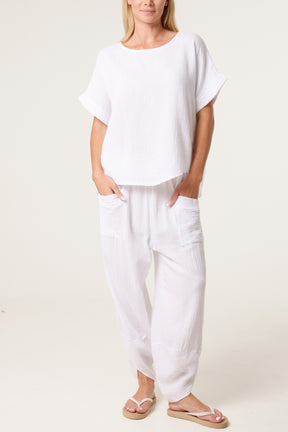 Cheesecloth Top & Barrel Leg Trousers