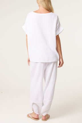 Cheesecloth Top & Barrel Leg Trousers