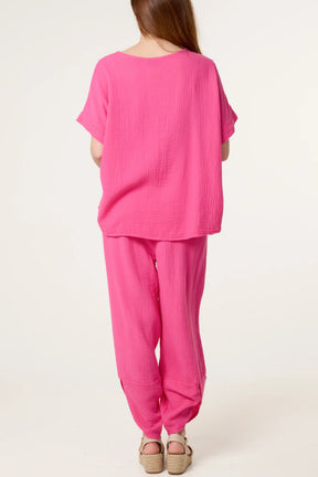 Cheesecloth Top & Barrel Leg Trousers