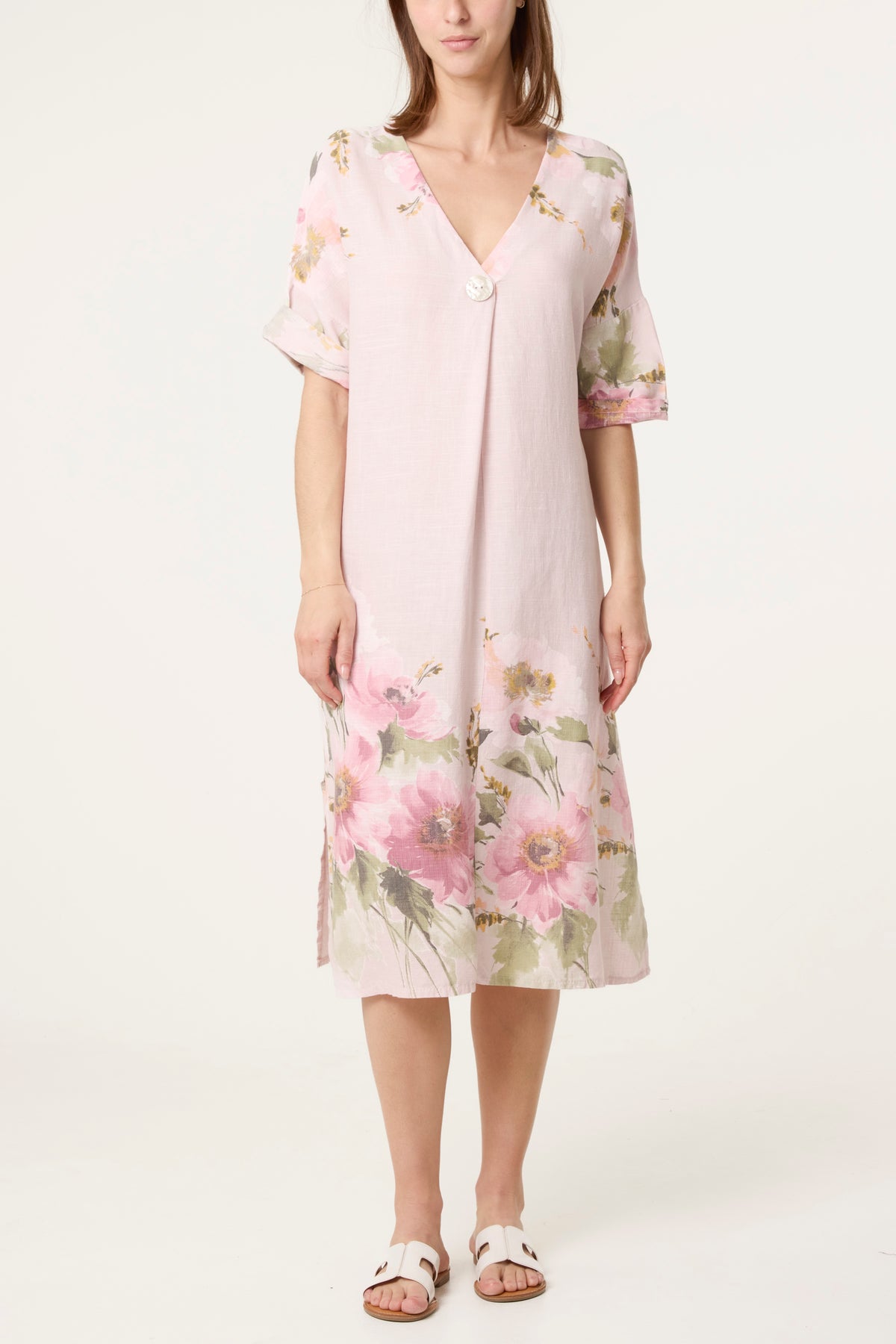 V-Neck Floral Linen Blend Dress