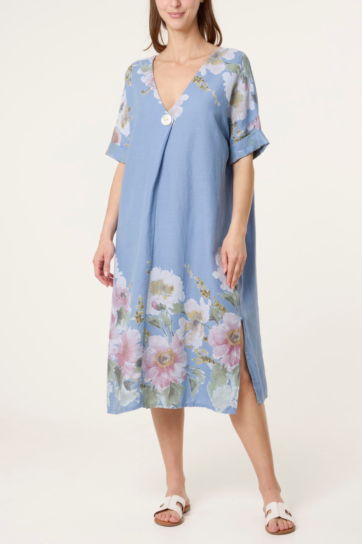 V-Neck Floral Linen Blend Dress