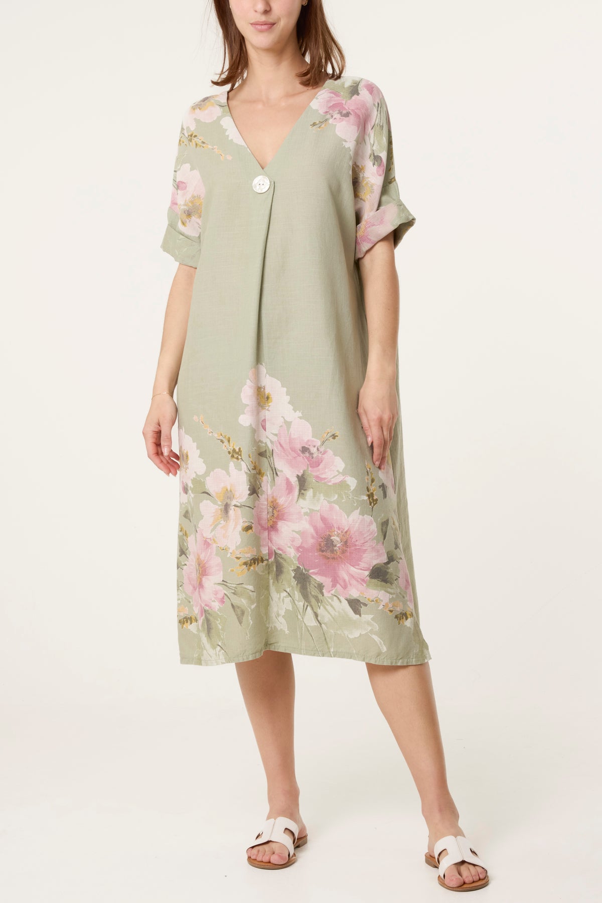 V-Neck Floral Linen Blend Dress