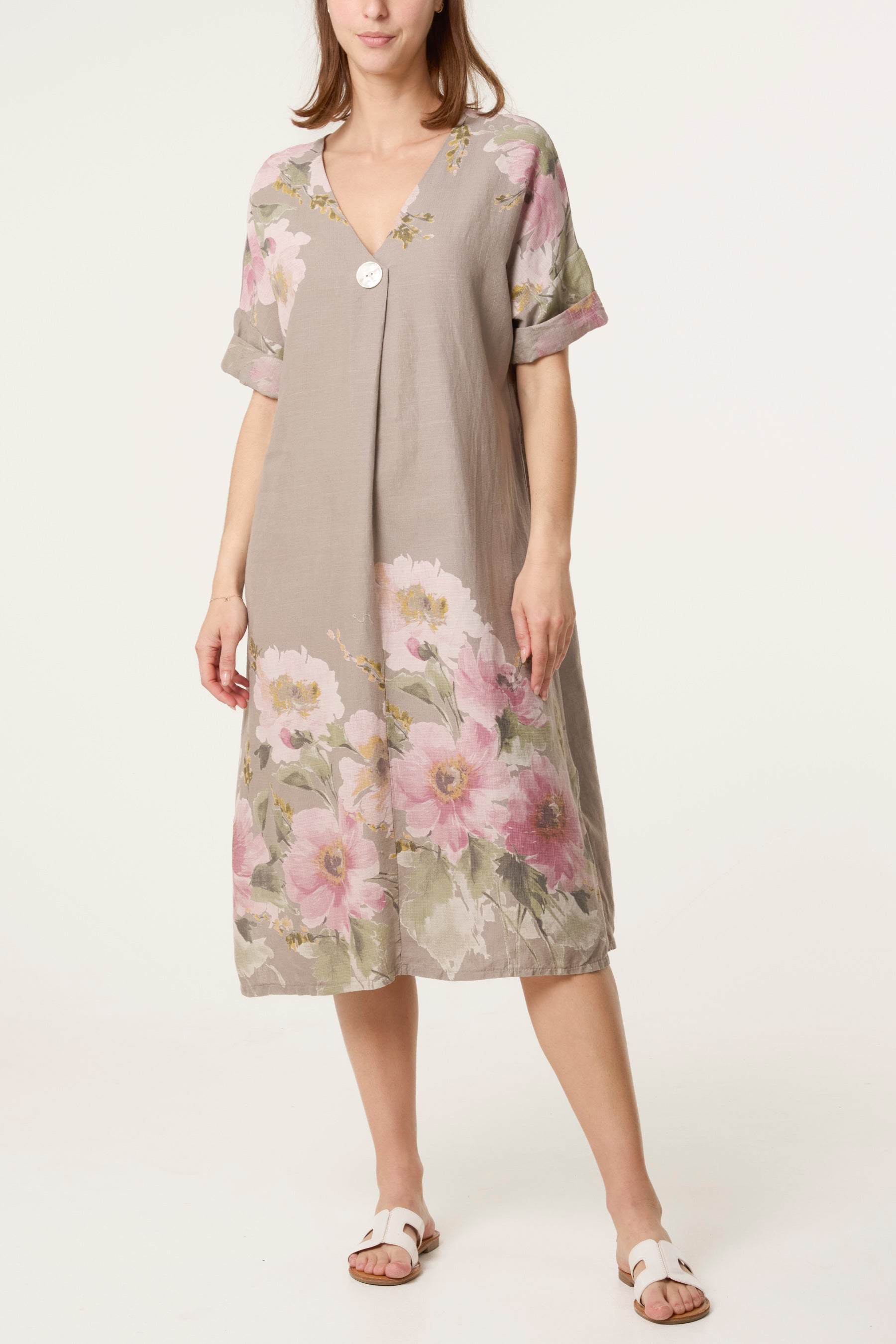 V-Neck Floral Linen Blend Dress