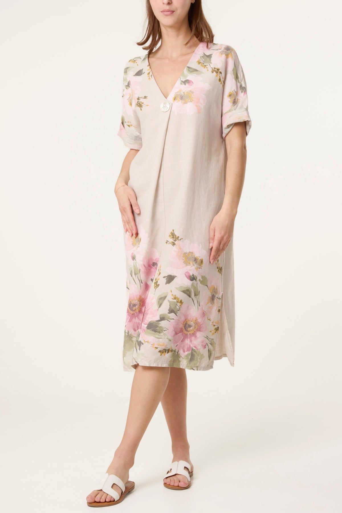 V-Neck Floral Linen Blend Dress