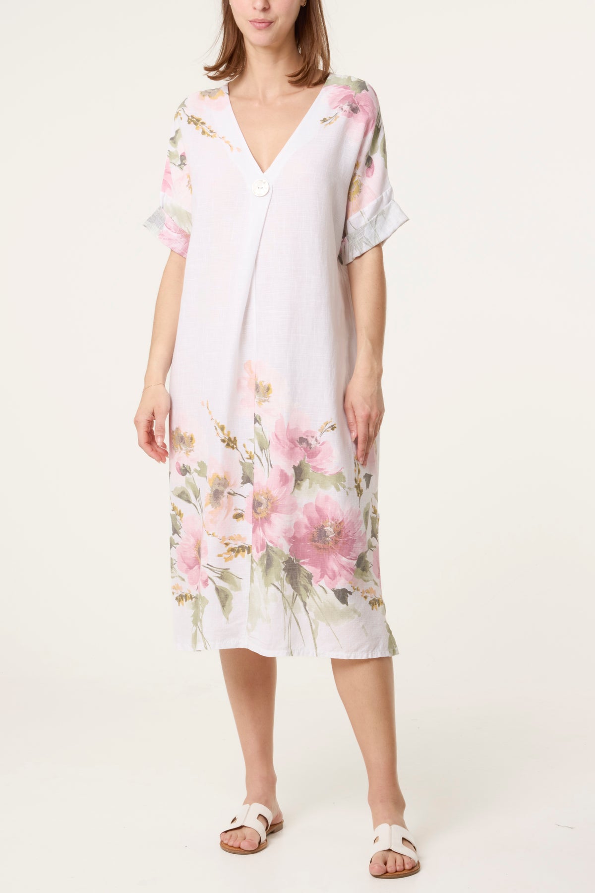 V-Neck Floral Linen Blend Dress