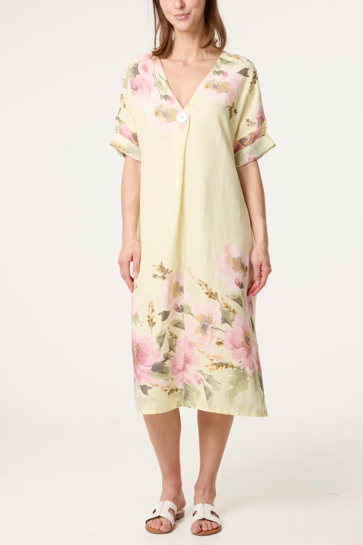 V-Neck Floral Linen Blend Dress