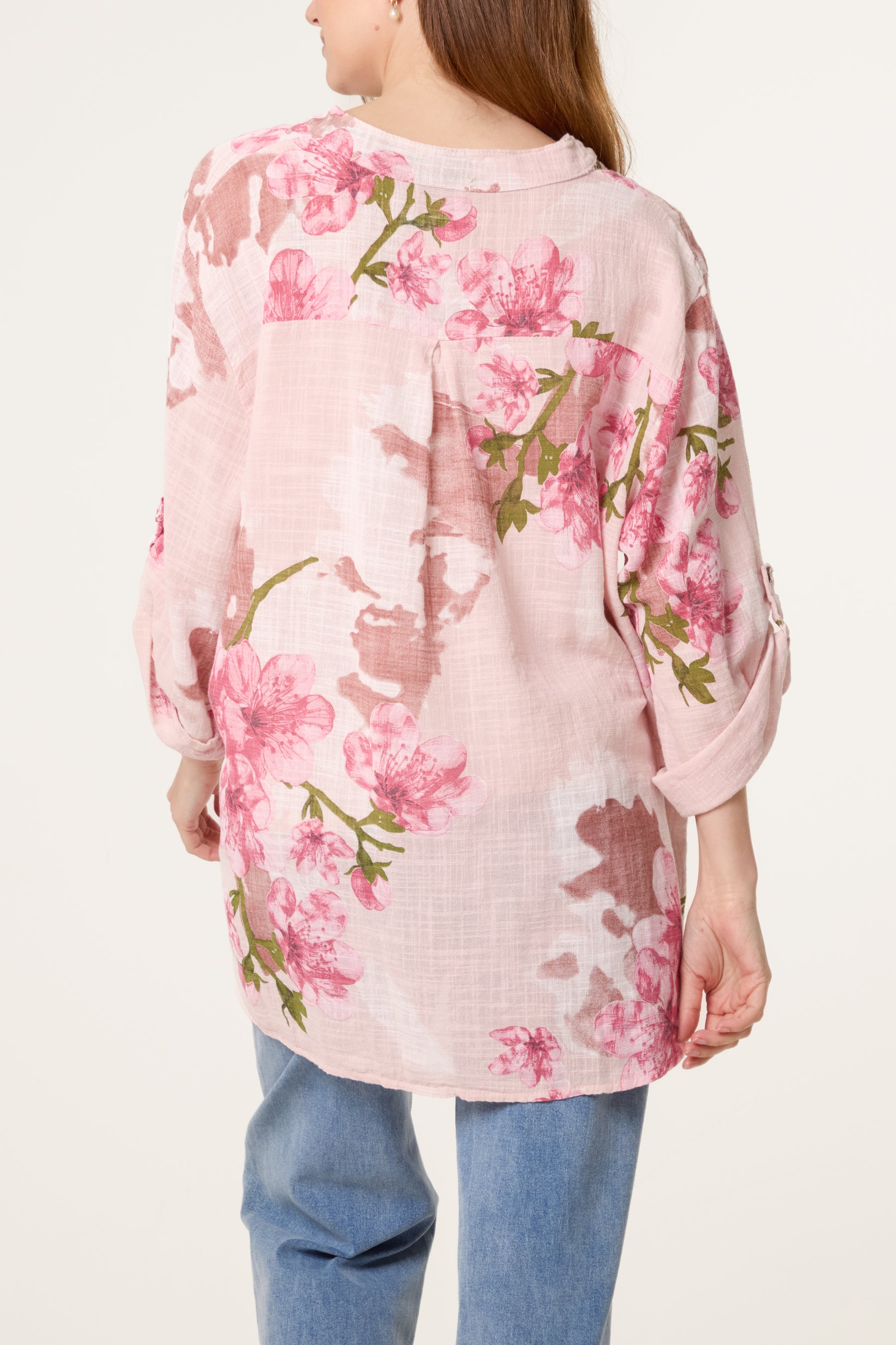 Floral Sequin Pocket Roll Sleeve Blouse