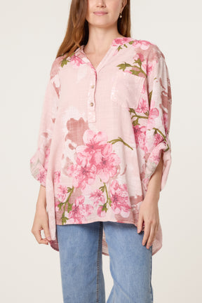 Floral Sequin Pocket Roll Sleeve Blouse