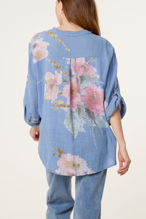 Floral Sequin Pocket Roll Sleeve Blouse