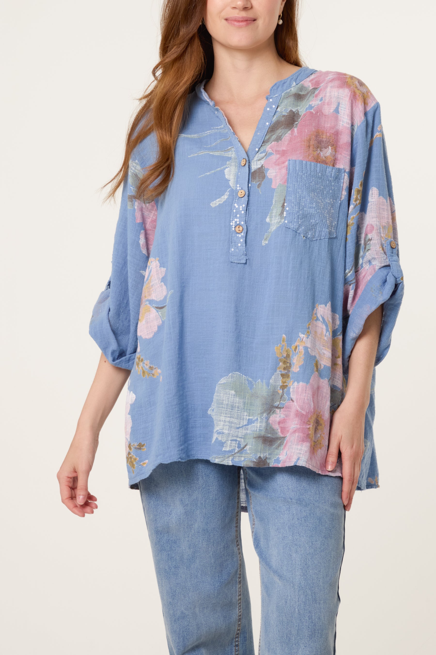 Floral Sequin Pocket Roll Sleeve Blouse