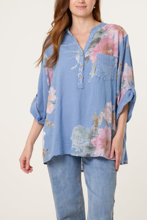 Floral Sequin Pocket Roll Sleeve Blouse