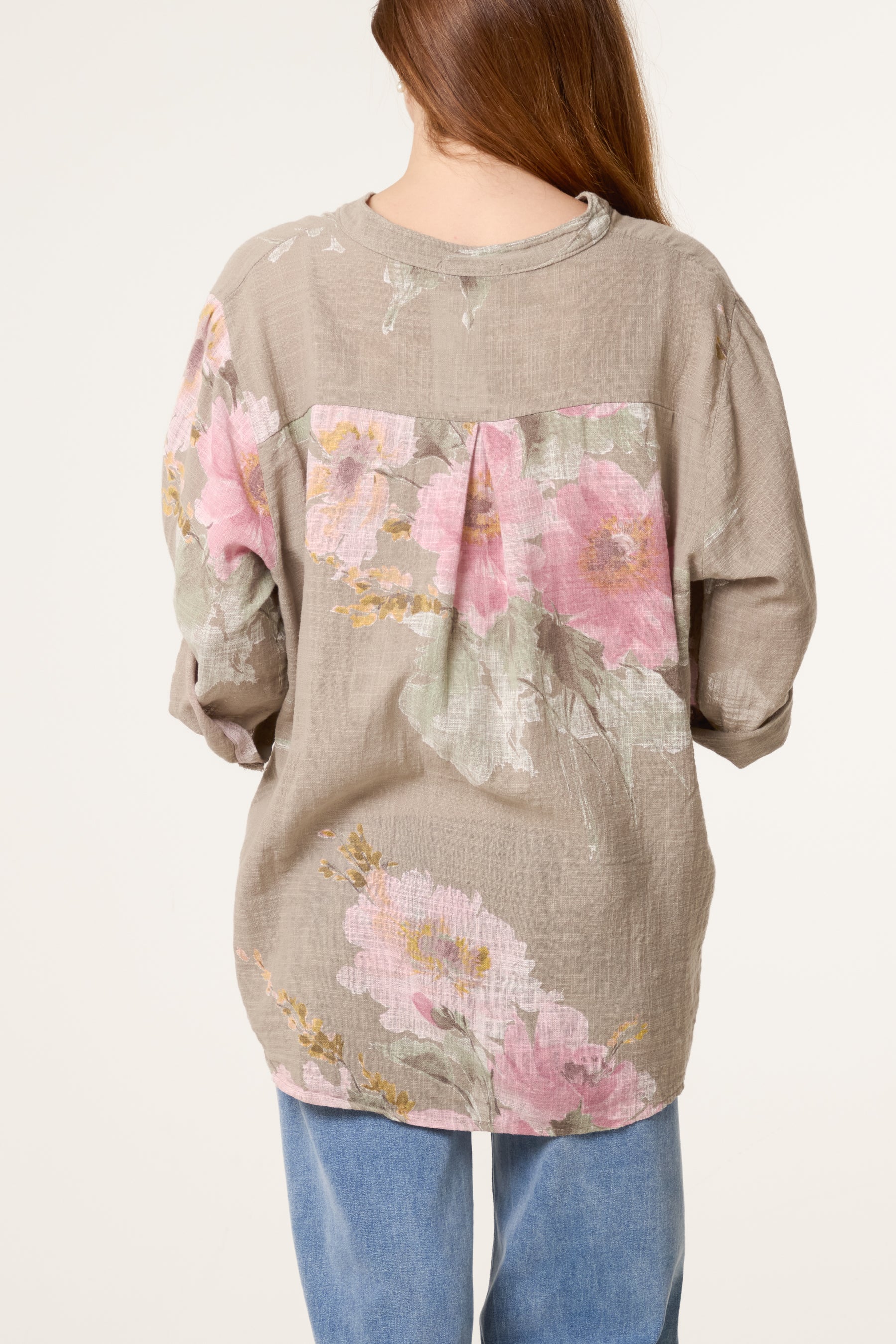 Floral Sequin Pocket Roll Sleeve Blouse