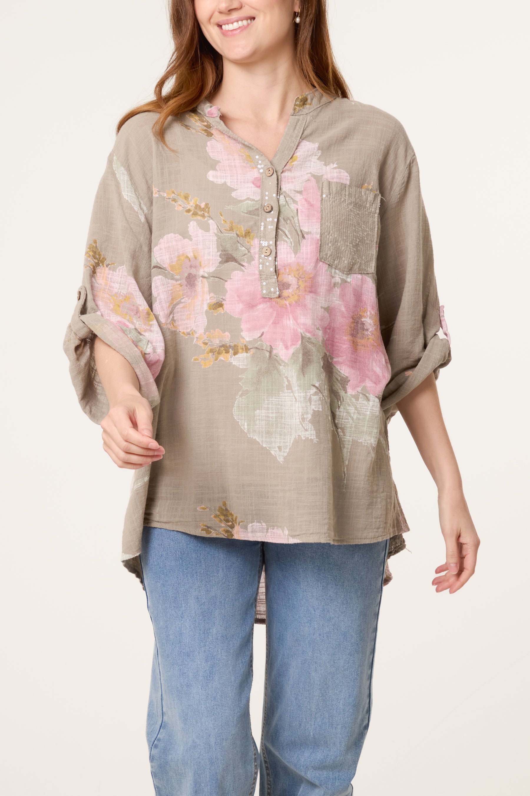 Floral Sequin Pocket Roll Sleeve Blouse
