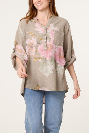 Floral Sequin Pocket Roll Sleeve Blouse