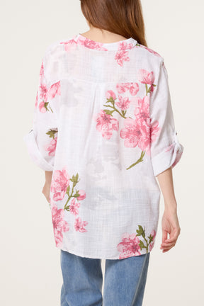 Floral Sequin Pocket Roll Sleeve Blouse