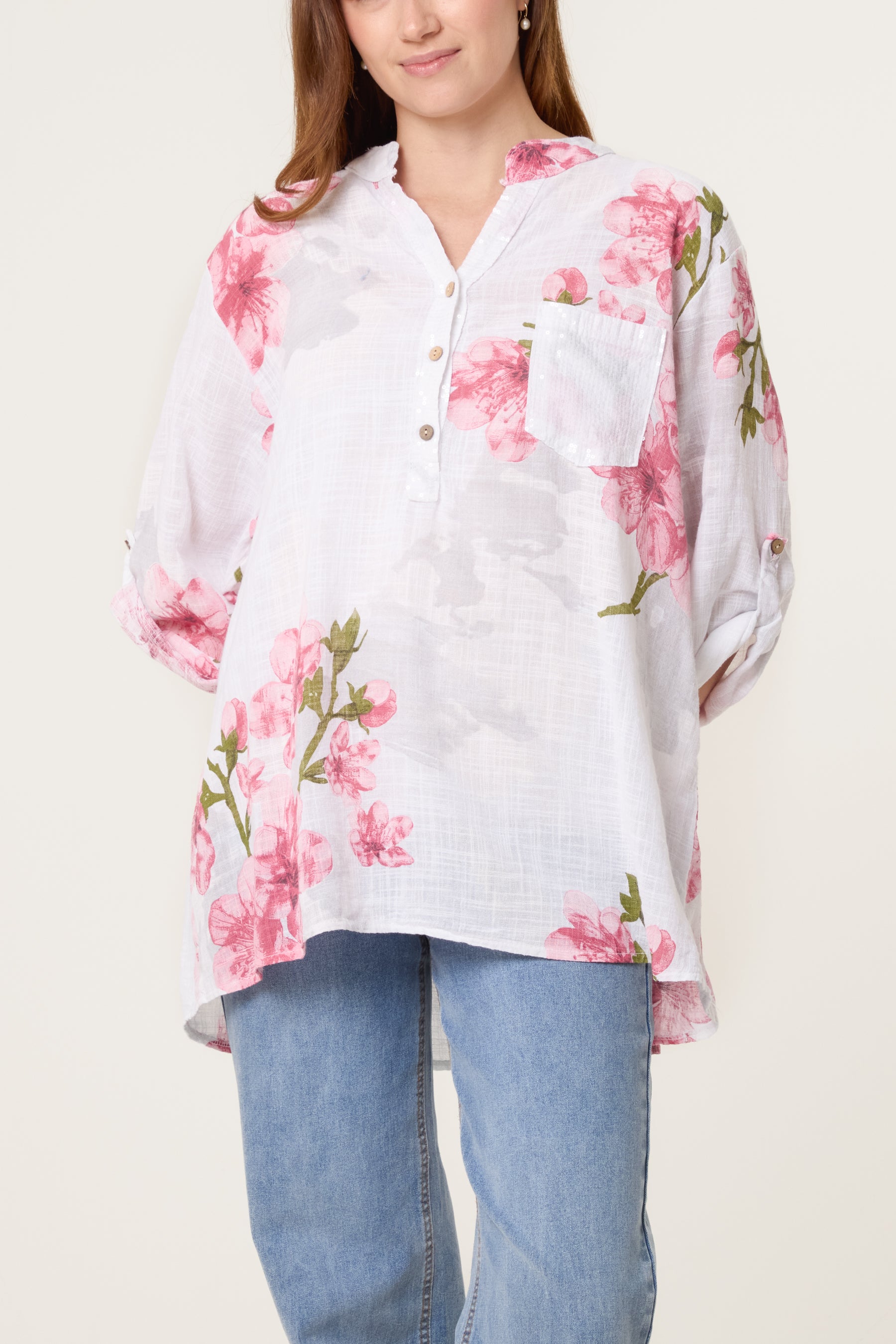 Floral Sequin Pocket Roll Sleeve Blouse